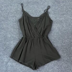 Ambiance Romper Womens Small Black Sleeveless Lace Trim V Neck Pom Pom Boho Hem